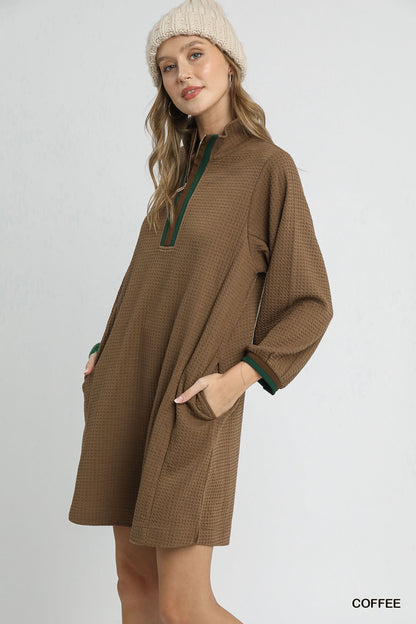 Coffee Waffle Knit Quarter Zip Dress