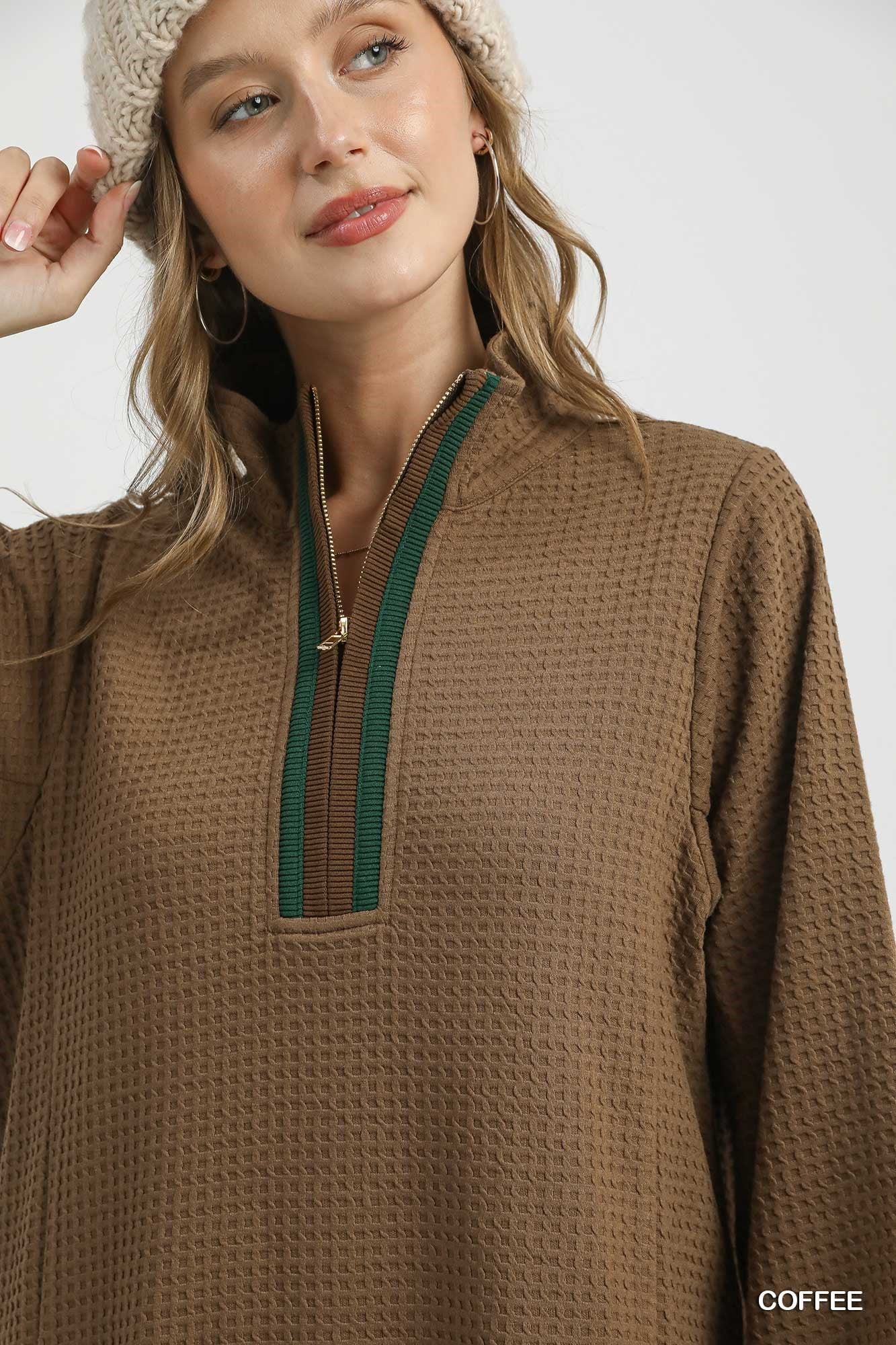 Coffee Waffle Knit Quarter Zip Dress