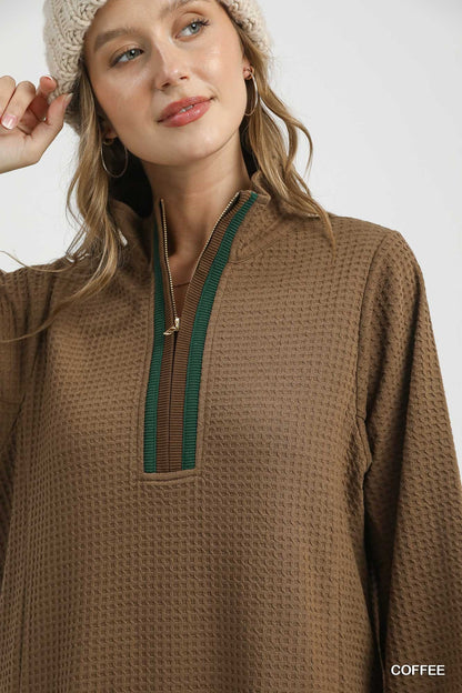 Coffee Waffle Knit Quarter Zip Dress
