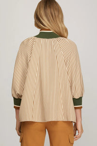 Taupe Half Zip Striped Blouse