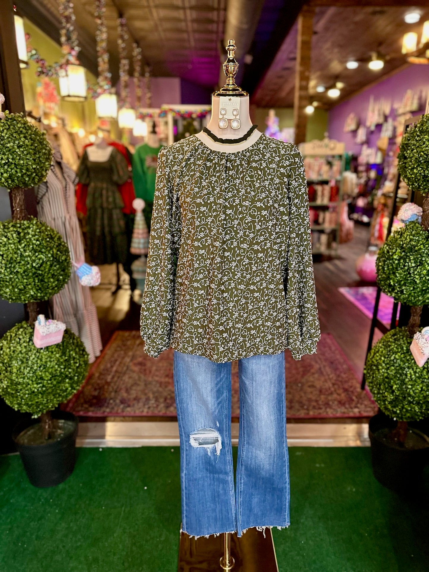 Olive Floral Vine Print Ruffle Neck Blouse