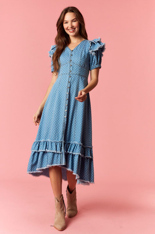 Denim Polka Dot Midi Dress