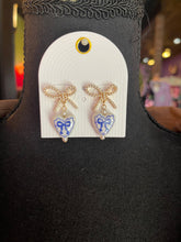 Load image into Gallery viewer, Rhinestone &amp; Painted Ceramic Bow Heart Earrings
