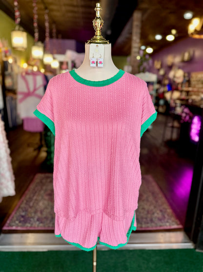 Pink & Kelly Green Top & Shorts Set