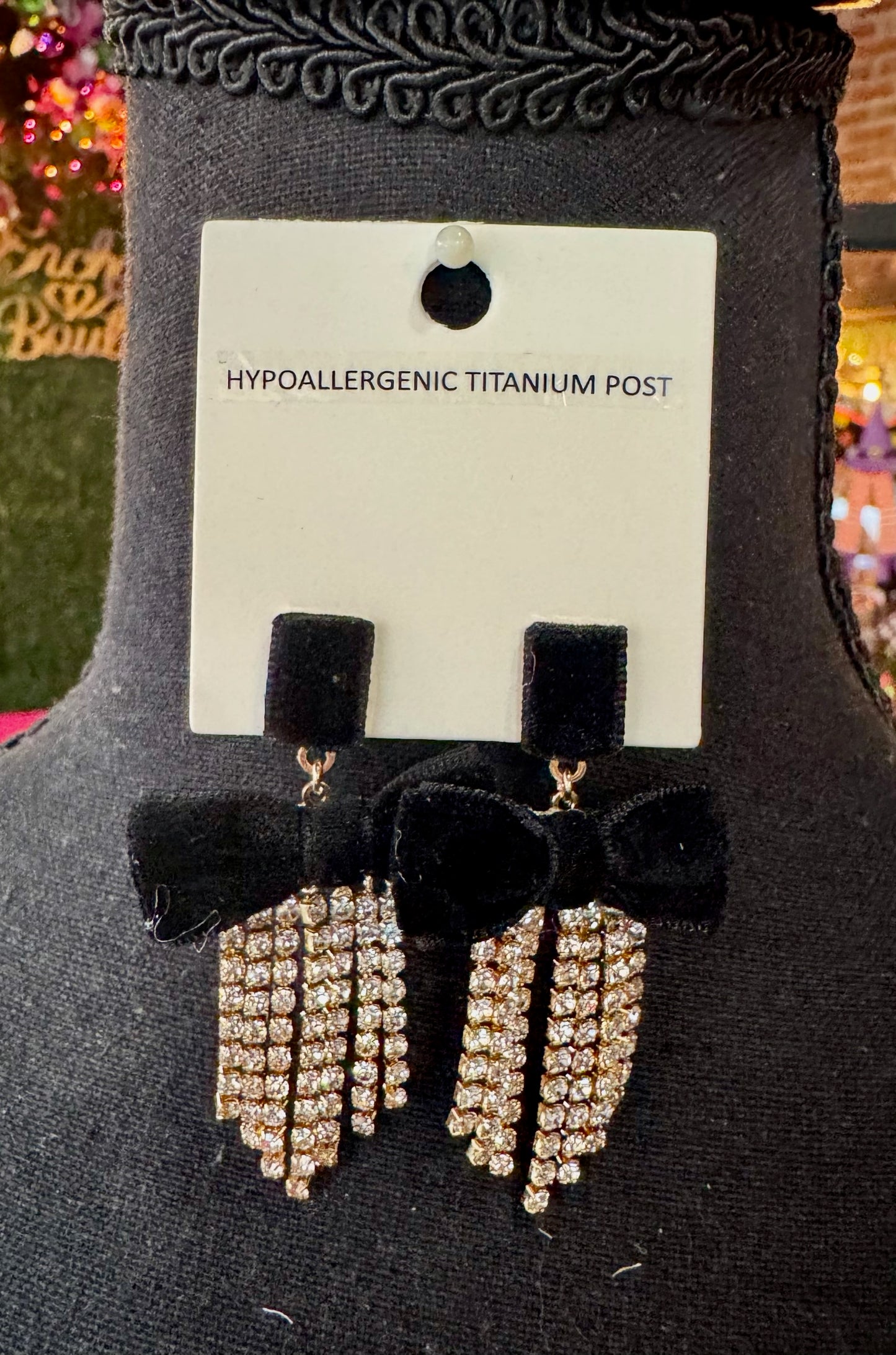 Black Velvet Bow & Rhinestone Fringe Earrings