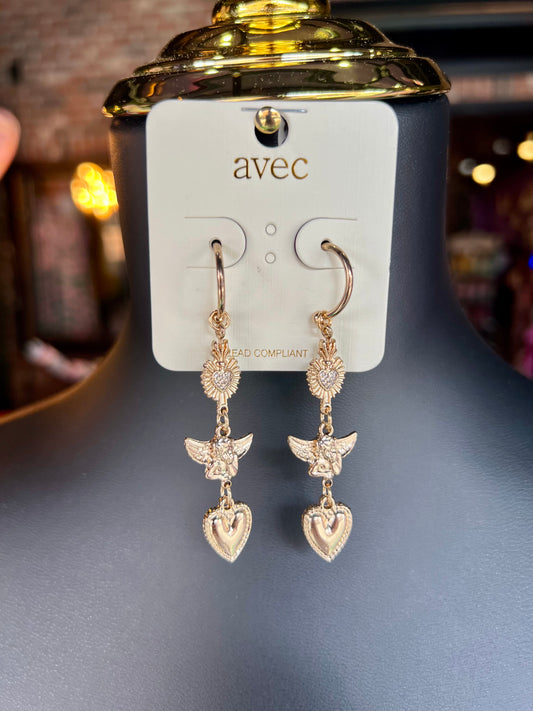 Rhinestone Heart & Vintage Angel Drop Earrings