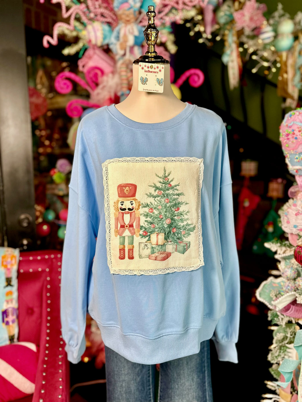 Light Blue Vintage Christmas Nutcracker Pullover
