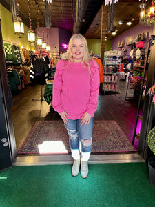 Bubble Gum Pink Ruffled Sleeve Ribbed Top