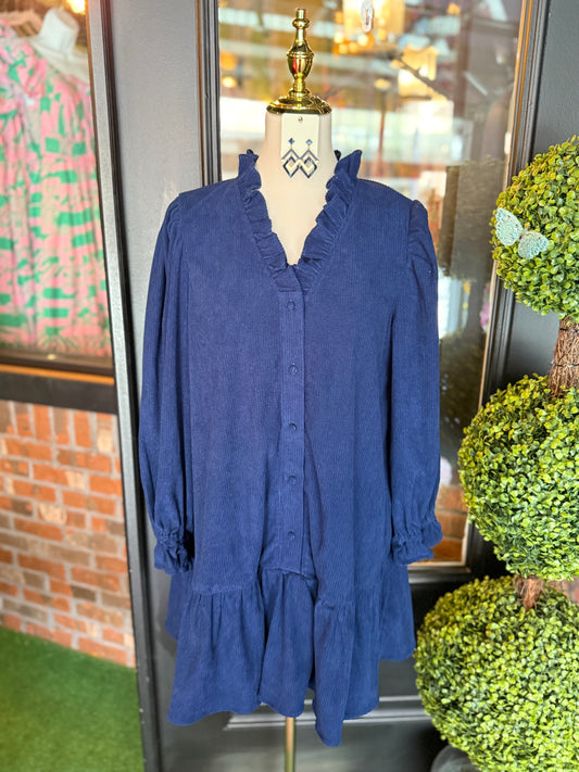 Navy Corduroy Ruffle Trim Babydoll Dress