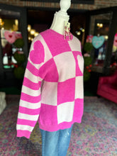 Load image into Gallery viewer, Fuchsia Checkered Sweater with hearts
