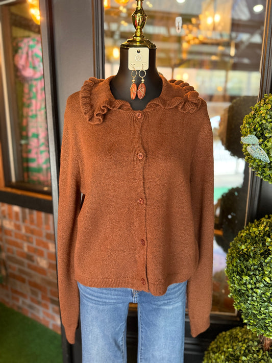 Chestnut Ruffle Collar Cardigan Sweater
