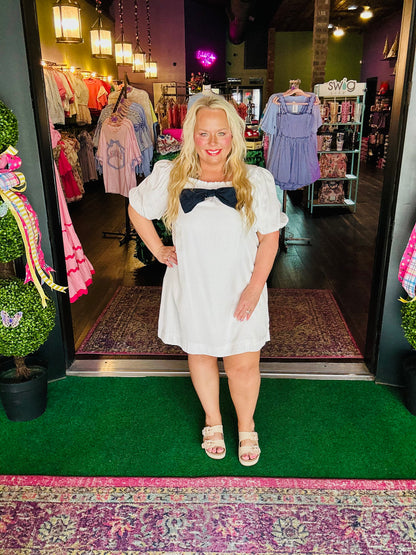 Navy Bow Off White Puff Sleeve Mini Dress