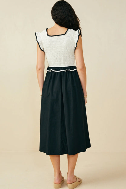 Black & Cream Ruffled Midi Dress