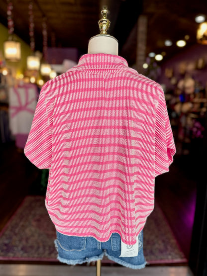 Hot Pink Striped Collared Ribbed Top