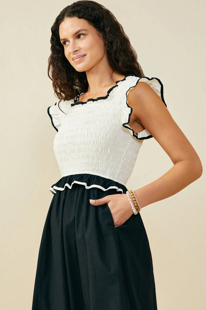 Black & Cream Ruffled Midi Dress
