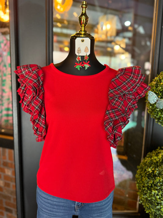 Red Christmas Plaid Ruffled Shoulder Top