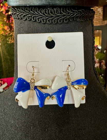 Blue & White Rhinestone Bow Earrings