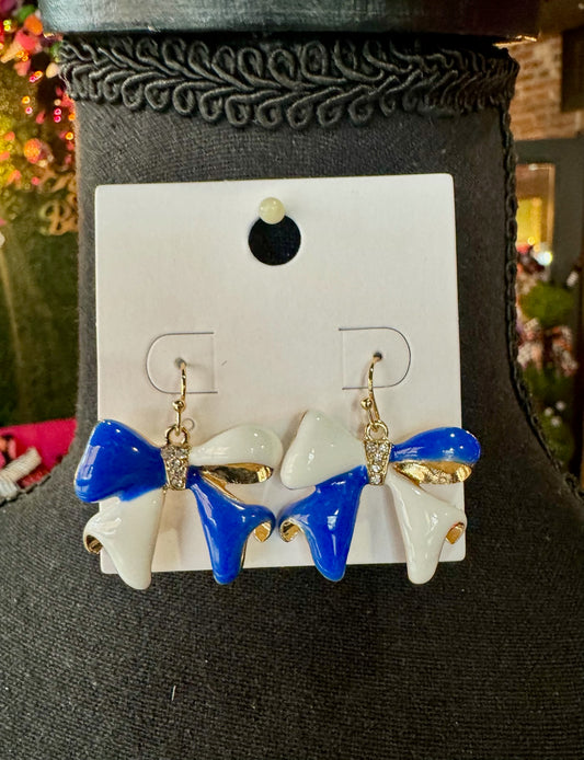 Blue & White Rhinestone Bow Earrings