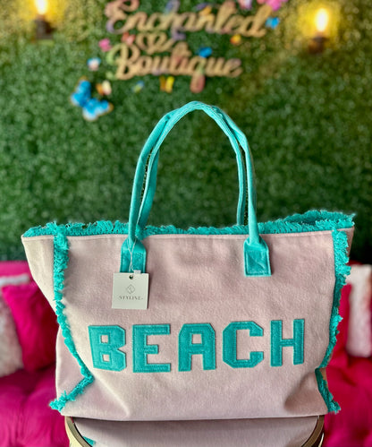 Pink & Teal Terry Cloth & Fringe BEACH Bag
