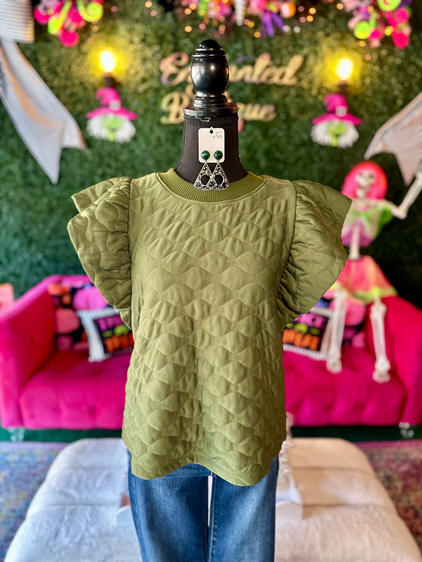 Olive Quilted Ruffle Sleeve Top