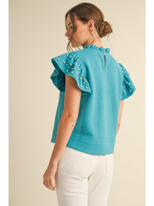 Turquoise Textured & Pearl Embellished Top