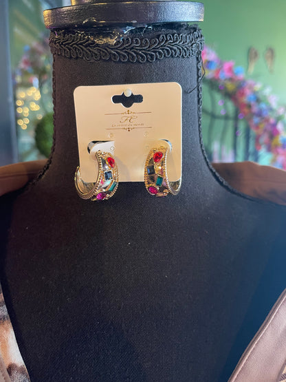 Gold Hoops w/ Multicolor Jewels