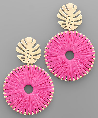 Fuchsia Raffia Wrapped Circle Earrings