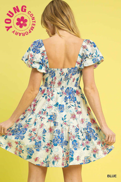 Floral Puff Sleeve Tiered Mini Dress