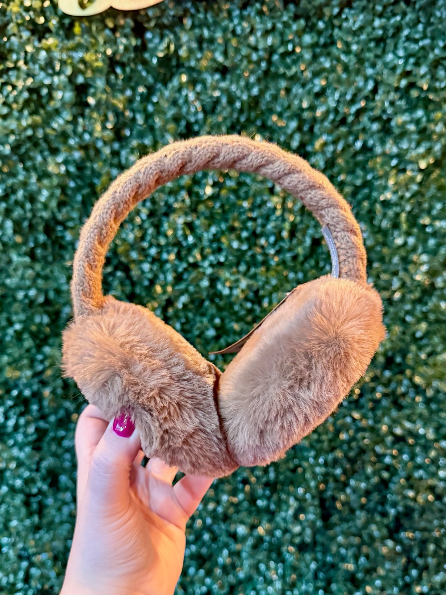 CC Taupe Cable Knit Furry Earmuffs
