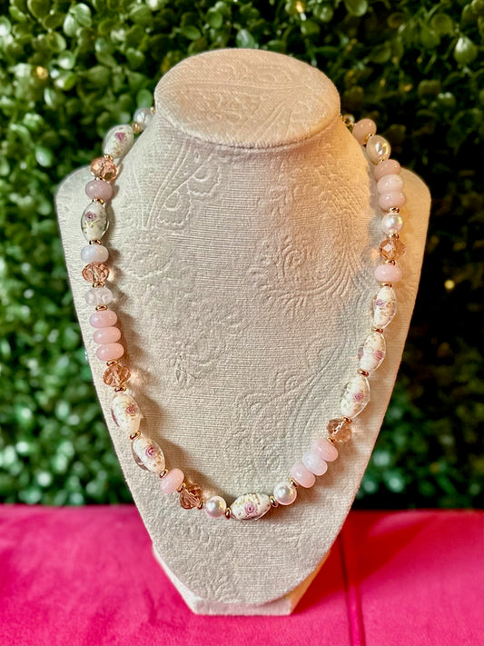 Pink & Gold Mixed Resin & Glass Beaded Necklace
