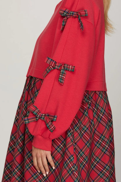 Long Sleeve Christmas Plaid Bow Dress
