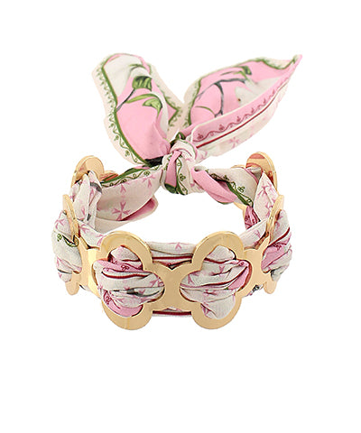 Metal Clover & Pink Floral Scarf Bracelet