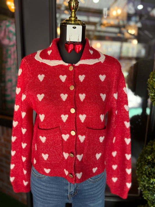 Heart Pattern Scallop Collar Button Down Cardigan