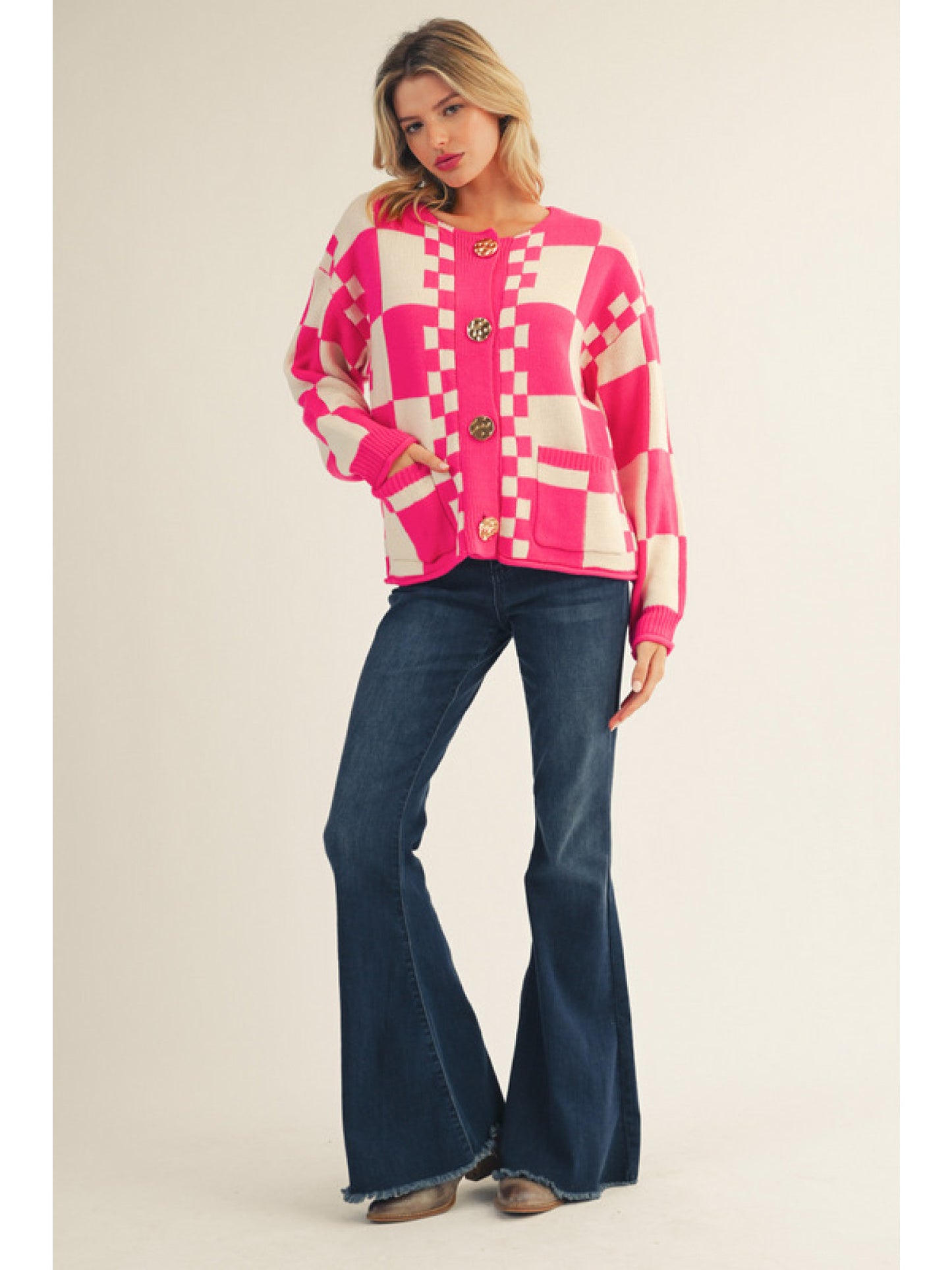 Hot Pink & Cream Checkered Sweater Cardigan