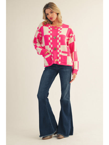 Hot Pink & Cream Checkered Sweater Cardigan