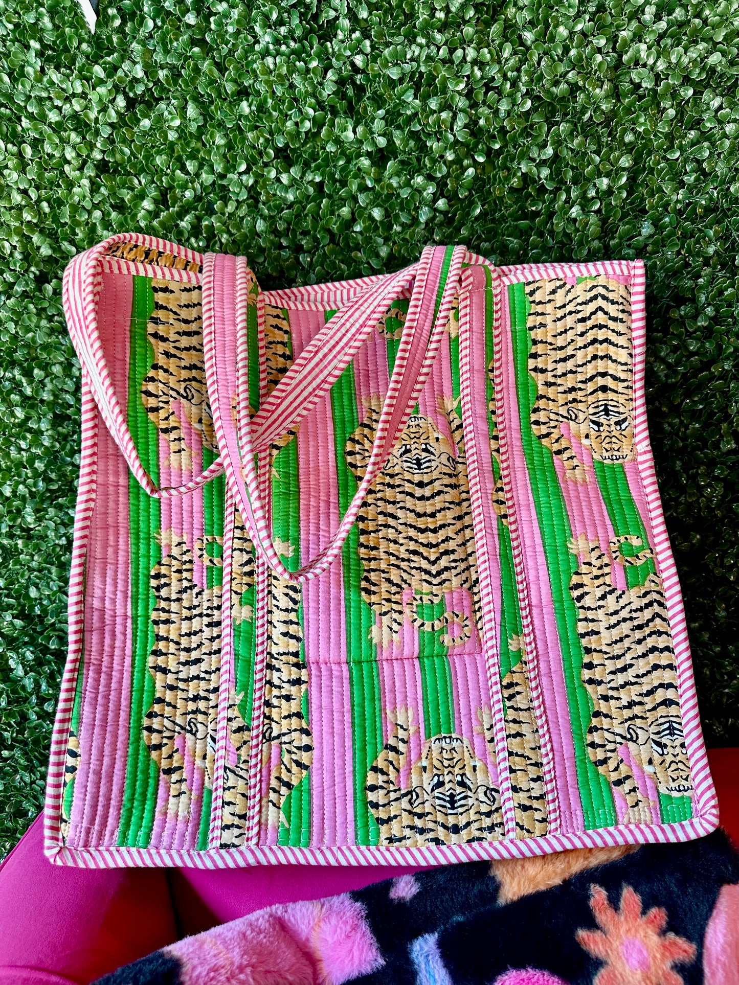 Pink & Green Striped Tiger Print Tote Bag