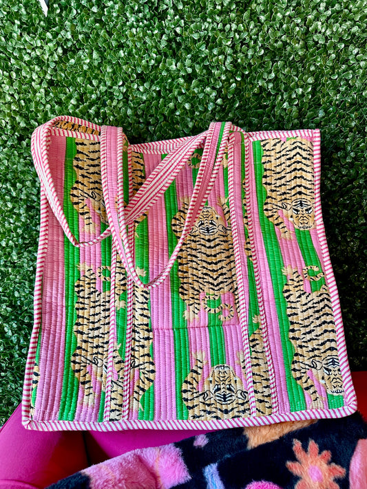 Pink & Green Striped Tiger Print Tote Bag