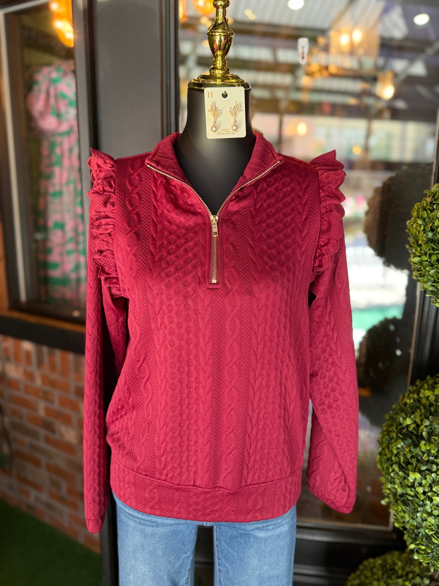 Burgundy Cable Knit Textured Pullover