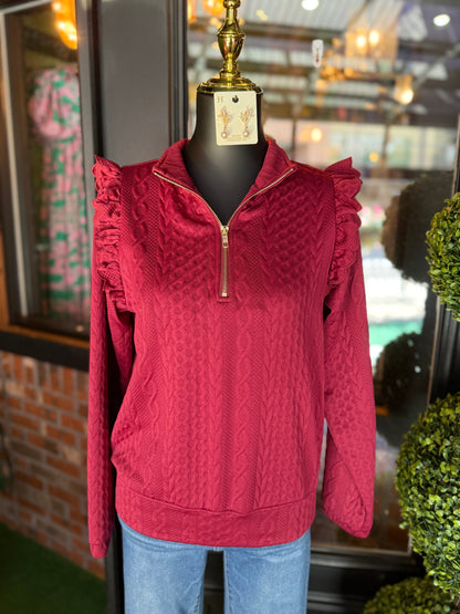 Burgundy Cable Knit Textured Pullover
