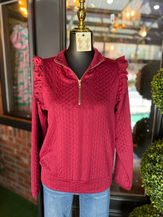 Burgundy Cable Knit Textured Pullover