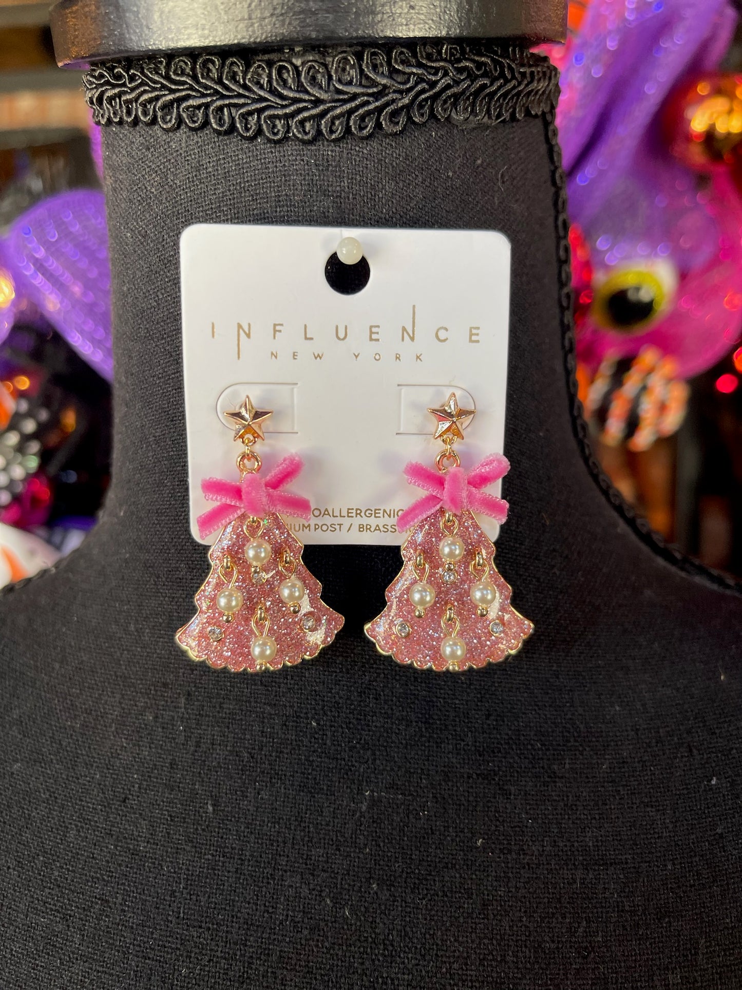 Pink Glitter Christmas Tree earrings