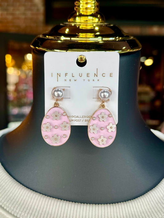Light Pink Flower Embellished Easter Egg Earrings