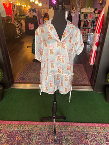 Light Blue Teddy Bear Print Satin Pajamas