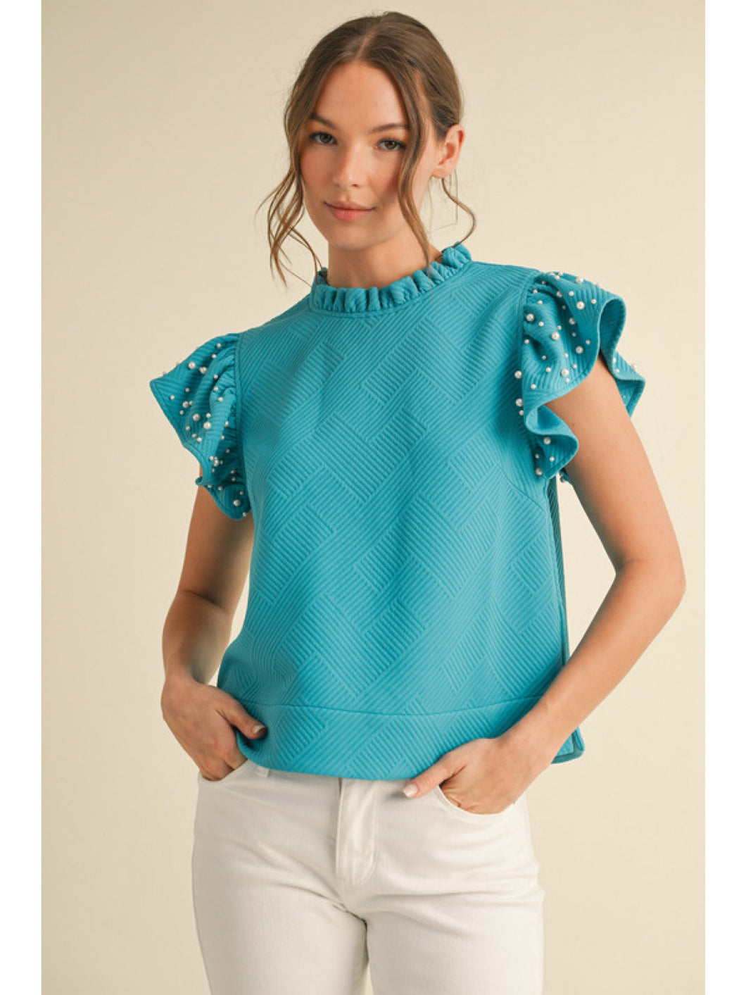 Turquoise Textured & Pearl Embellished Top