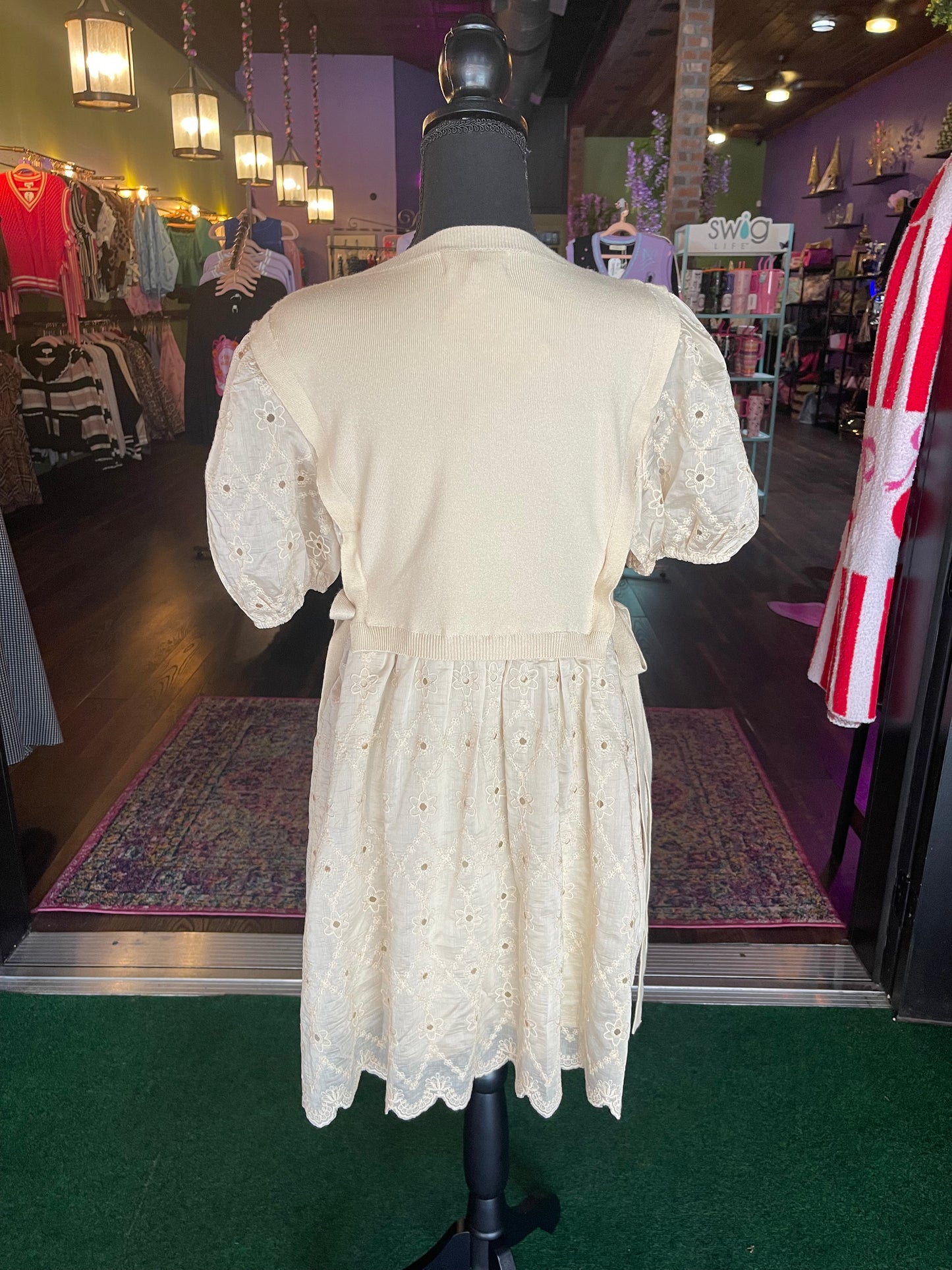 Embroidered Puff Sleeve Dress with Knit Vest