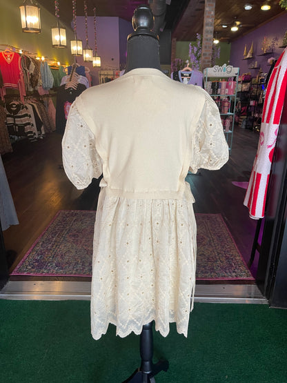 Embroidered Puff Sleeve Dress with Knit Vest
