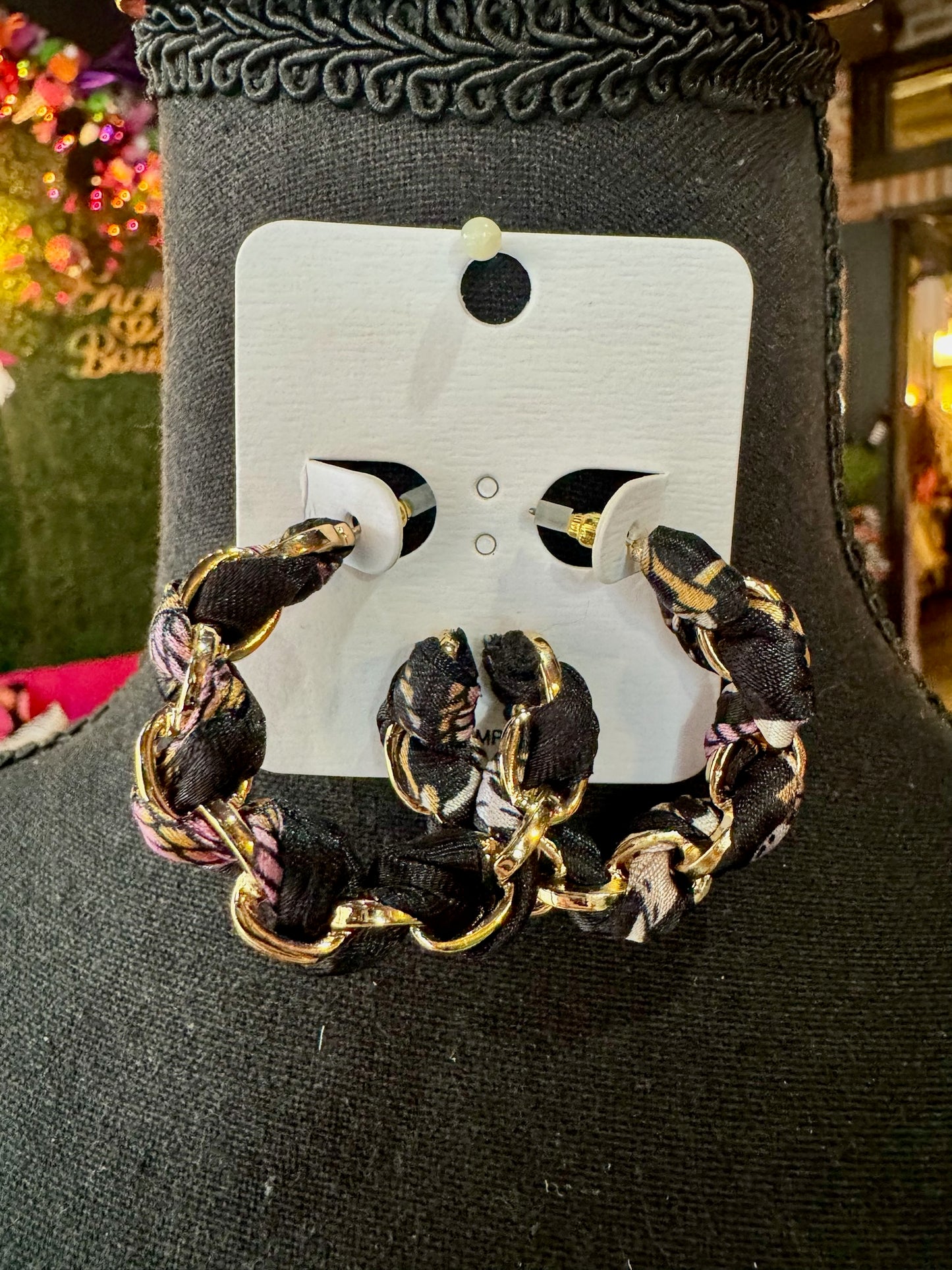 Black & Gold Scarf-Threaded Hoops