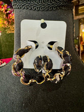 Load image into Gallery viewer, Black &amp; Gold Scarf-Threaded Hoops
