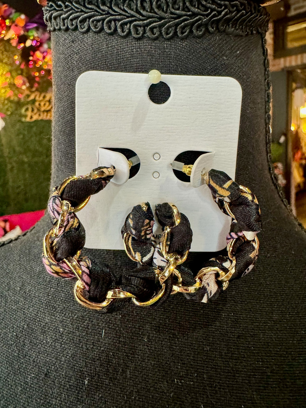 Black & Gold Scarf-Threaded Hoops