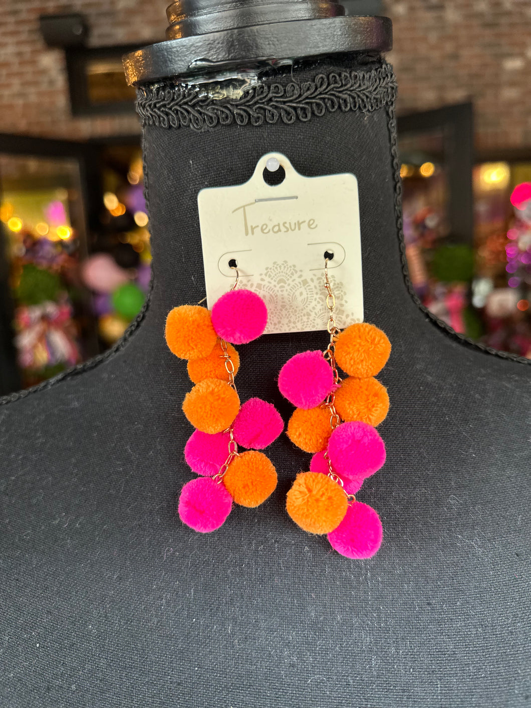Orange & Fuchsia Pompom drop earrings